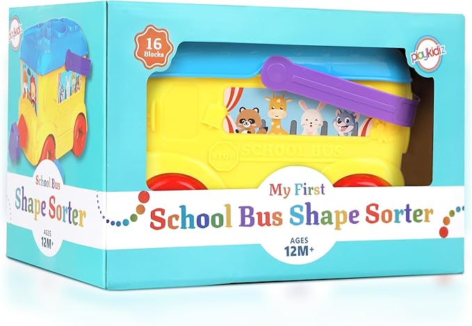 Playkidiz Bus Shape Sorter Toy - Kids Block Sorter with 16 Colorful Shapes - Sorting Toys for Toddlers 1-3 - Creative Play Learning Skills Development