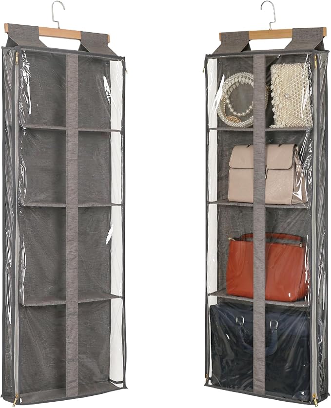 JINOKADI Clear Hanging Handbag Storage Organizer with Zippers, Door Purse Organizer Space Saving 4 Pockets for Closet Bedroom Living Room (Brown)