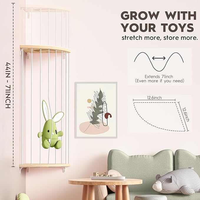 Corner Stuffed Animal Storage Zoo, Large Adjustable Solid Wood Plush Toy Organizer, Hanging Stuffie Holder Shelf & Cage with Engraved Dinosaur Star Moon for Kids Nursery Playroom