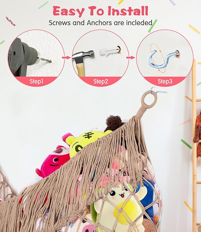 Stuffed Animal Hammock - Extra Large 63'' Long, Stuffed Animal Storage, stuffed animal Holder net, Hammock Large, Storage Hanging Organizer - Creamy Brown