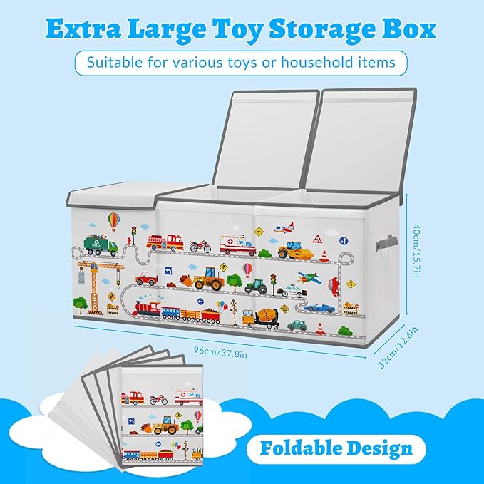 decalsweet Kids Toy Box Storage Chest Collapsible Storage Bin with Lids Handles for Boys Girls Toddler, Large Kids Toy Organizer Box for Kidsroom Bedroom Playroom Nursery,37.7"x12.5"x15.7"