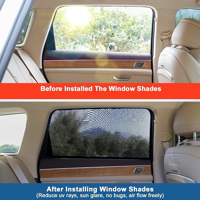 Breathable Mesh Car Window Shades for Camping, Rear Side Car Window Screens Covers Mosquito Nets Fit for 97% of Cars SUVs, Reduce Sun Glare UV Rays Privacy Protection,2 Pack