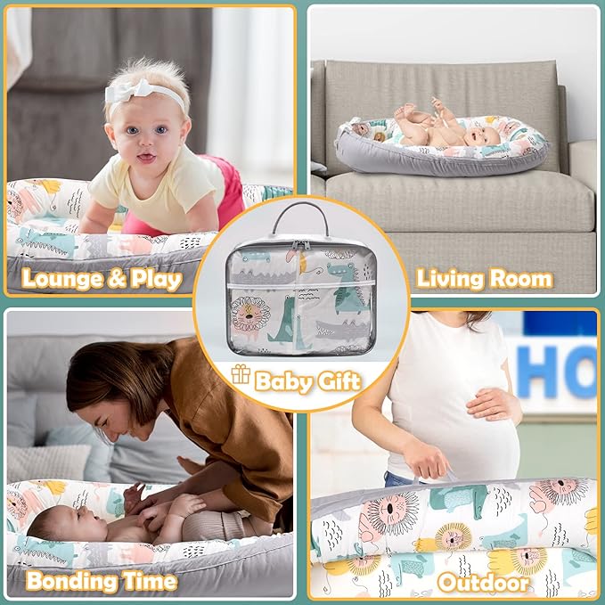 Baby Lounger-Breathable and Soft Organic 100% Cotton, Portable Infant Lounger with Removable Lounger Cover, Floor Lounger for Newborn - Lion