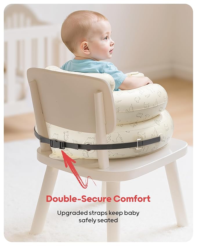 QPAU Inflatable Baby Seat with Safety Harness for Babies 3 Months & Up, Baby Floor Seats for Sitting Up, Baby Seats for Infants, Blow Up Baby Chair with Built in Air Pump (Dinosaur)