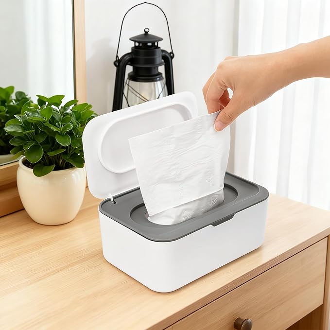 Hiceeden 6 Pcs Baby Wipes Dispenser, Easy Pull Wipe Holder with Concave Surface Lid, Non-slip Wipe Cases Containers with Sealing Design for Bathroom, Baby Nursery, Grey