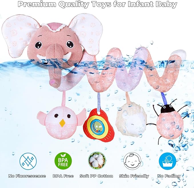 Musical Owl Rattle Sheep Pink Elephant Car Seat Toys for Babies 0-6 Months, Hanging Stroller Toys for Baby Girls 3-6 Month, Newborn Girl Infants Baby Birthday Gift Toy 0-12 Months