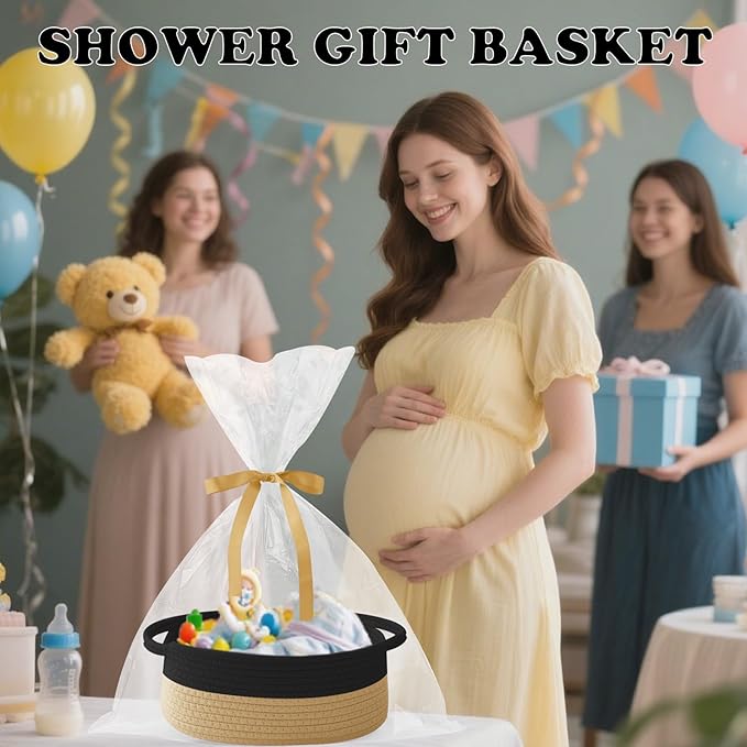 Small Woven Rope Basket-Empty Gifts Basket with Bag and Ribbons,Cute Handle Organizer Box for Birthday/Baby Shower, Toy Storage, Nursery Organizing & Shelf Decor(Black&Jute)