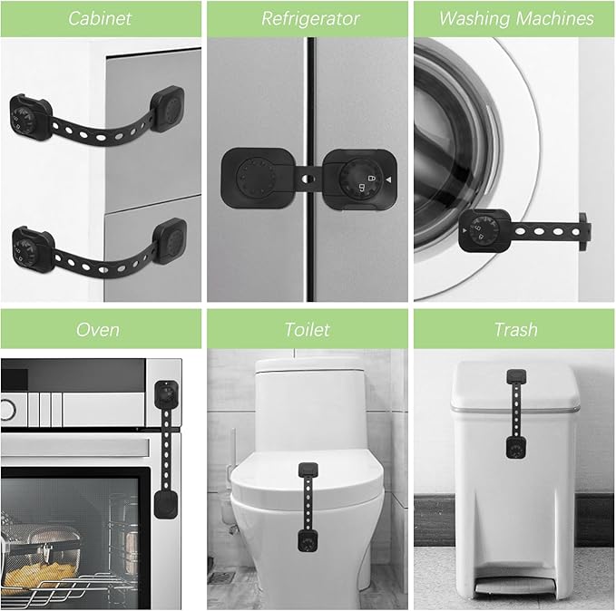 Songaa Child Safety Cabinets Strap Locks 2 Pack - Adjustable Baby Proofing Cabinet Latches for Drawers, Oven, Dishwasher, Fridge, Toilet Seat, Trash Can, with 3M Adhesive Pads - Black