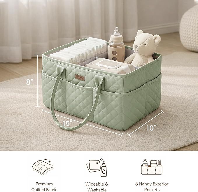Konssy Quilted Diaper Caddy Organizer, Diaper Caddy Basket with Vegan Leather Handles, Portable Nursery Storage Basket, Water-Repellent Car Organizer, Registry Search Must Haves (Fog Green)