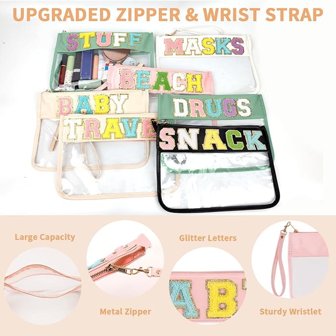 Iqimott Chenille Letter Clear Bag Baby Pouch, Monogram PVC & PU Makeup Cosmetic Bag Zipper Toiletry Pouch, Portable Travel Beach Snack Wristlet Bags for Women Girls(Baby, Pink)