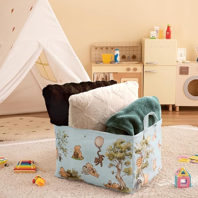 Sweet Baby Classic Winnie Pooh Storage Nursery Basket With Hard Bottom Large Square Canvas Cotton Laundry Hamper Bin Waterproof Foldable Bathroom and Bedroom Stuff Clothes Toys Vintage Decor (Blue)