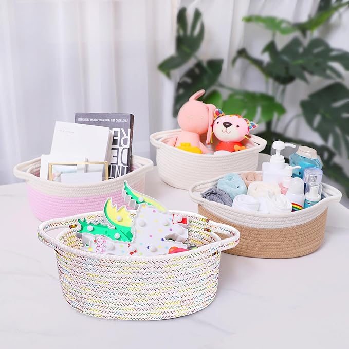 ABenkle Small Basket with Gift Bags and Ribbons, Empty Gift Baskets for Mother's Day, Decorative Boho Rope Woven Nursery Storage Organizer Toy Baskets with Handle for Baby Showers, 12"X 8" X 5"