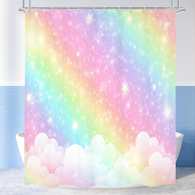 Kids Rainbow Shower Curtain 60Wx72H Girls Pastel Cartoon Cute Colorful Sky Clouds Stars Aesthetic Bathroom Curtain Set Girly Bath Curtain Cloth Fabric Bathroom Accessories Decor with 12 Hooks