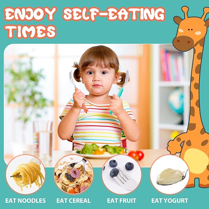lohodo Toddler Utensils Kids Spoon and Fork Set 18/8 Stainless Steel Silverware BPA Free Green & Orange Cute Giraffe Child Flatware with Travel Case for Age 3+