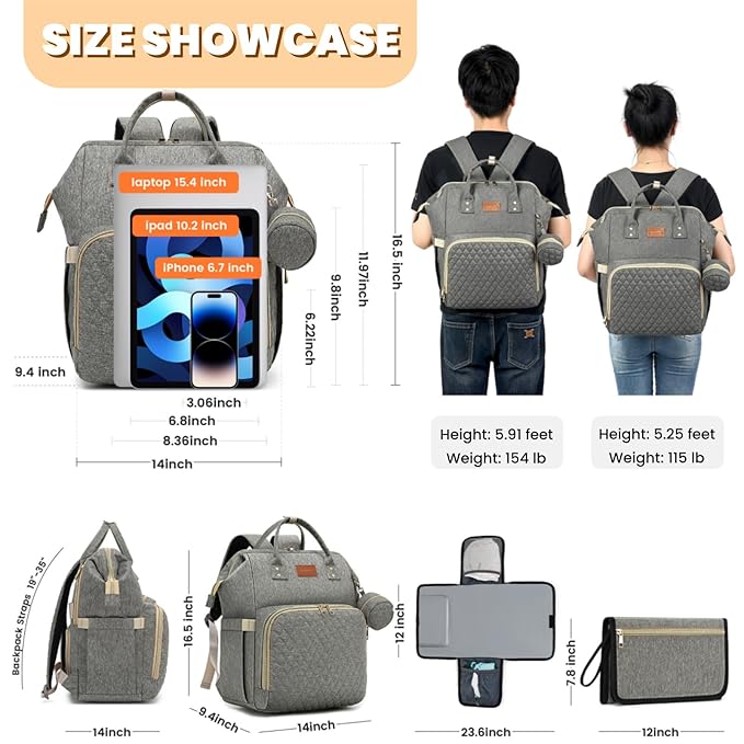 ROSEGIN Baby Diaper Bag Backpack with Changing Pad, Pacifier Case, for Boy Girl Toddler - Large, Stylish, Waterproof Travel Quilted Diaper Bag for Mom - Baby Shower Gifts - Grey