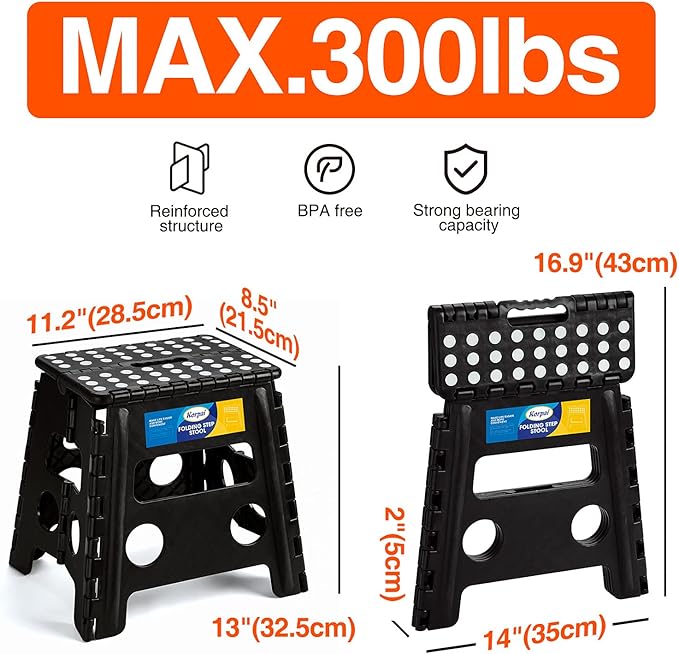 Korpai 13" Folding Step Stool for Adults and Kids Holds Up to 300 lbs,Non-Slip Folding Stools with Portable Handle, Compact Plastic Foldable Step Stool for Bathroom,Bedroom, Kitchen,Black,1PC