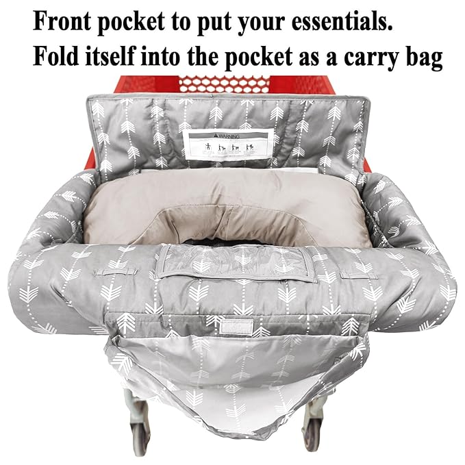 Soft Pillow Attached Waterproof 2-in-1 Baby Grocery Cart Seat Cover and High Chair Cover (Grey Arrow)