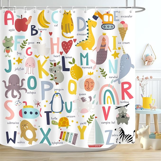 Kids ABC Shower Curtain Alphabet Educational Learning Tool Toddler Baby Cartoon Animals Girls Boys Colorful Bath Curtain Decor Waterproof Fabric 72Lx72W Inch with Hooks