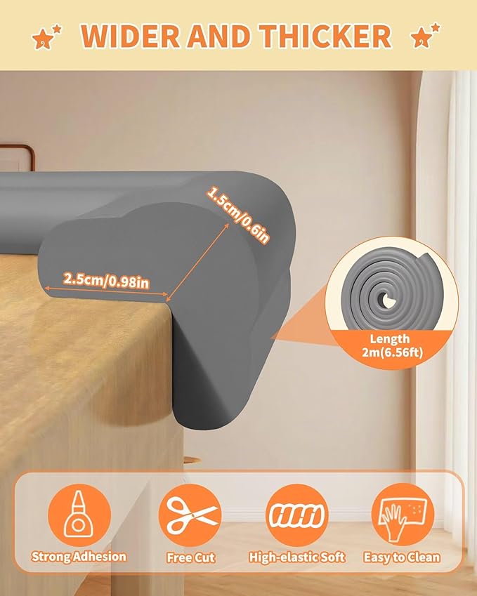 QYV Edge Corner Protector Baby Proofing, 6.56FT 0.6'' Thicken L-Shape Furniture Fireplace Safety Bumper Guard with 6 Corners, Pre-Taped, Soft NBR Rubber Foam, Table Edge Protector for Baby (Grey)