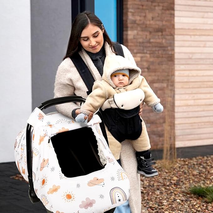 Car Seat Cover Baby, Anti-Kick Carseat Covers Baby Girl, Warm Minky Infant Car Seat Canopy with Mesh Window, Multi-Use Cover Protecting Baby from Wind, Sun, Strangers, White Rainbow