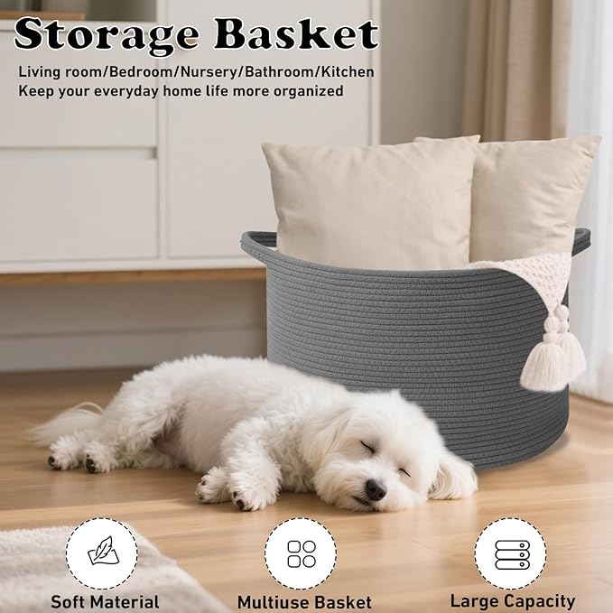 Large Storage Basket with Handle,19.7" L x 19.7" W x 13" H Blanket Basket Storage Bins for Organizing,65L Cotton Rope Woven Baskets for Living Room, Nursery,Bedroom,Dark Gry