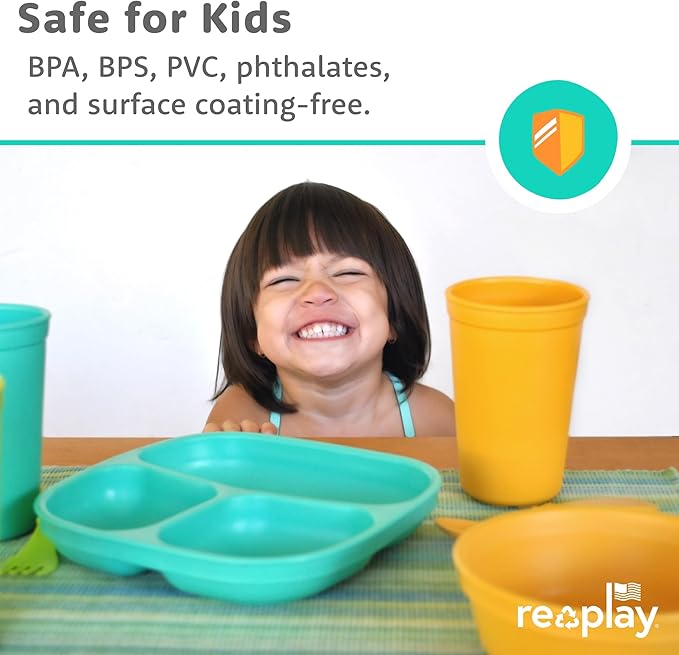 Re-Play Toddler Plates with Dividers - Deep-Walled 3 Compartments Divided Plates for Kids with 1 Lid - Dishwasher & Microwave Safe - Made in USA - Set of 3-7.37" x 7.37" x 1.25