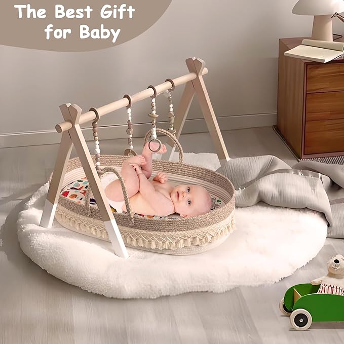 Baby Changing Basket, Boho Moses Baskets for Newborn, Baby Basket for Baby Dresser, Diaper Changing Basket for Baby with Diaper Caddy, Cartoon Changing Pad, Waterproof Sponge Cushion, Storage Bag