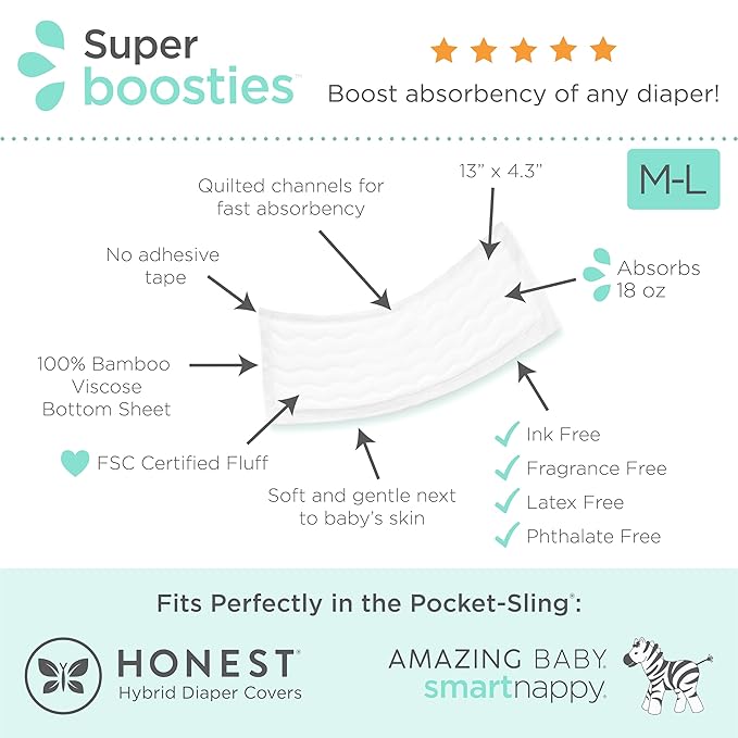 Overnight Diaper Leak Stopper, Super Boosties Disposable Inserts, Use with Pampers Sizes 4-6, Honest Hybrid Diaper Cover Sz Med/Large, Amazing Baby Cover Sz 3/4, 4.3x13 in, 90 Count