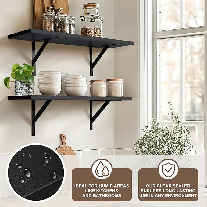Heavy Duty Long Wall Shelves Set of 2, Floating Shelves Wall Mounted with Industrial Brackets, 40lbs Capacity Shelves for Laundry Room, Kitchen, Bathroom, Living Room (24"*8",Black)