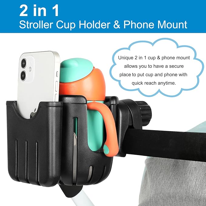Accmor Stroller Cup Holder with Phone Holder, Universal Cup Holder, 2-in-1 Cup Phone Holder for Stroller, Bike, Walker, Wheelchair