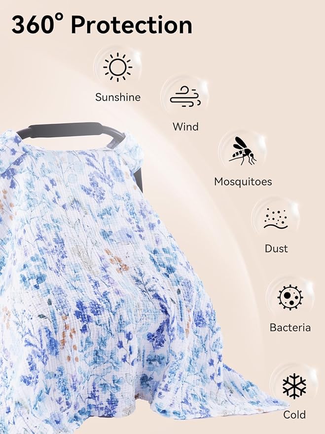 TILLYOU Baby Car Seat Cover, Breathable Muslin Cotton Infant Car Seat Cover, Lightweight Canopy with Sun and Bug Protection(Blue Flower)