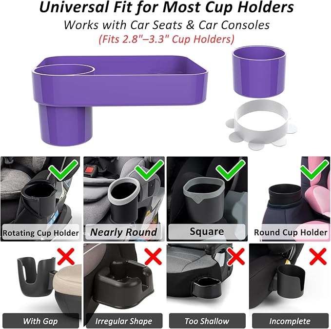 Car Seat Snack Tray for Kids, Mess-Free Square Travel Tray Cup Holder Snack Tray, Durable Car Food Tray for Toddlers, Universal Fit Kids Travel Road Trip Essentials (purple)