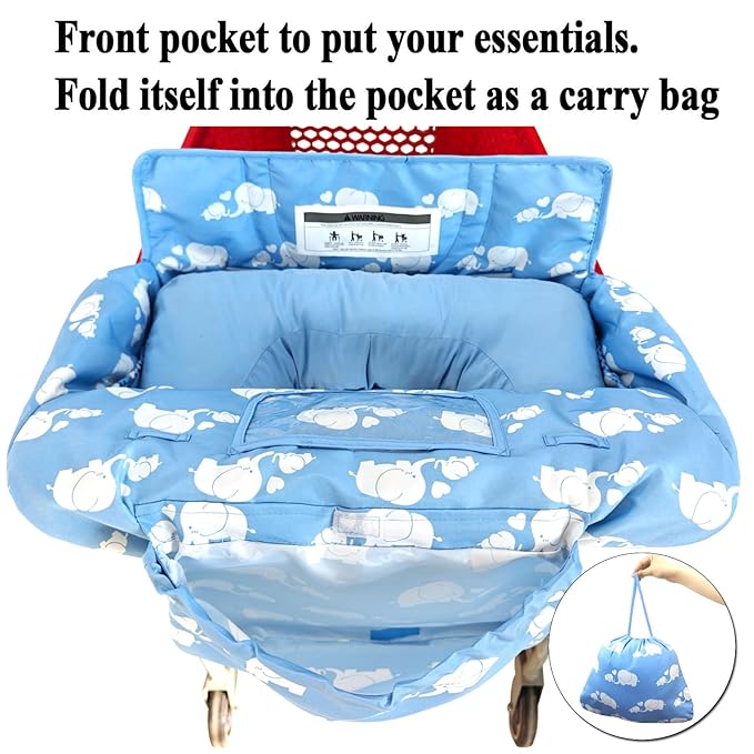 Love&go Soft Pillow Attached 2-in-1 Shopping Cart and High Chair Cover for Baby, Cotton Padded Cart Cover, Fold'n Roll Style, Portable with Carry Bag (Blue Elephant)