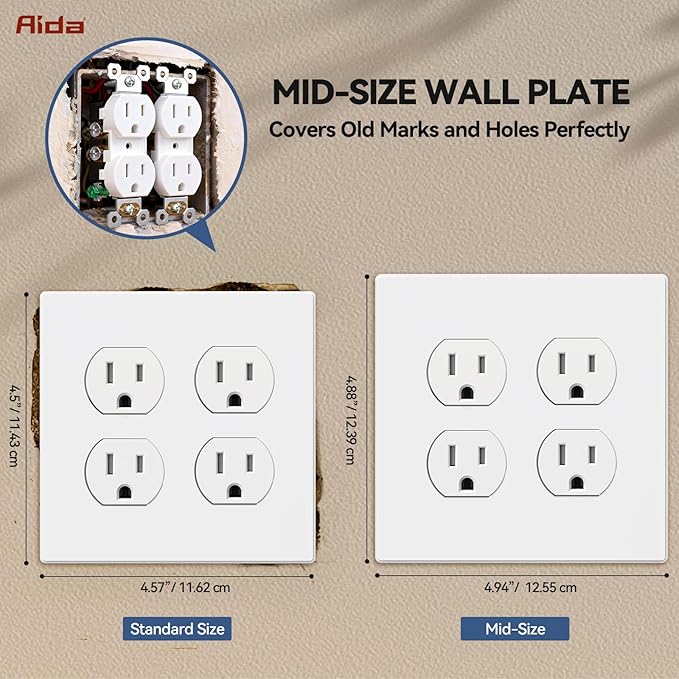 AIDA 2-Gang Screwless Wall Plates - Mid-Size Thermoplastic Cover for Duplex & Combo Receptacles and Toggle Switches - Unbreakable & UL Listed - 1 Pack,Matte White