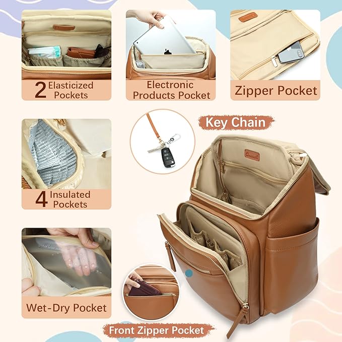 Omanmoli Diaper Bag Backpack Large Baby Diaper Bag Leather with 17 Diaper Bag Organizing Pouches,Changing Pad,Stroller Straps,4 Insulated Pockets,Brown