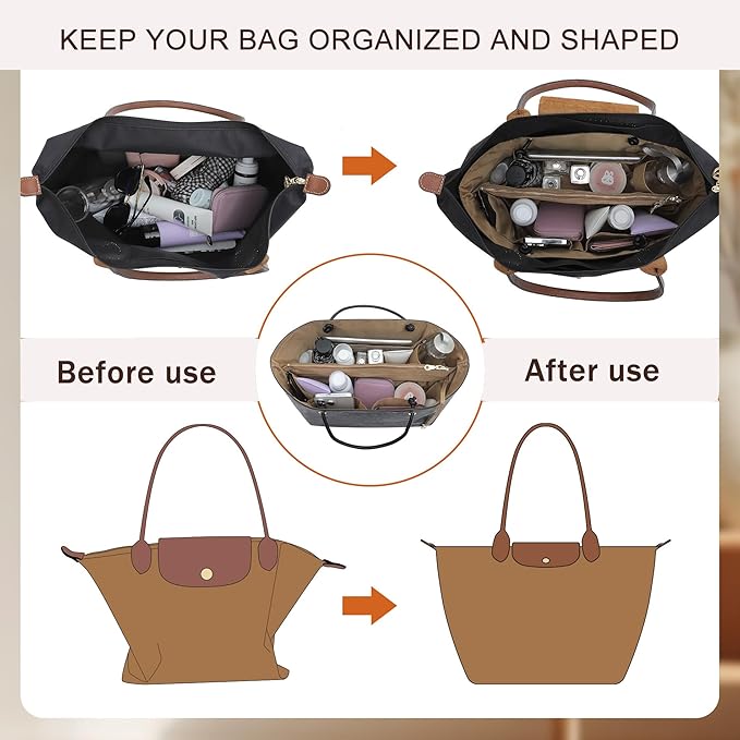 Doxo Long Champ Organizer Insert, Bag Organizer Insert for le pliage Medium, G.oyard PM, Speedy 30, Neverfull MM and More, Light Waterproof DupontPaper Purse Organizer, 6 Pockets(Black&Brown, M)