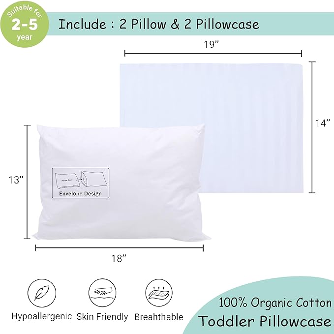 ZPECC Toddler Pillow with Pillowcase 2 Pack - 13x18 Organic Cotton Hypoallergenic Kids Pillow, Baby Essentials for Travel Crib Daycare Stroller (Intended for Age 2 and up) White Stripe