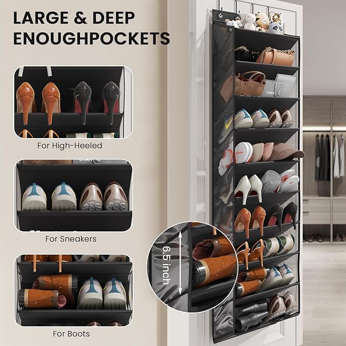 Mefirt 10 Tier Clear Over the Door Shoe Organizer with Deep Pockets, Door Shoes Rack with Hard Tube to Keep the Shape, Hanging Shoe Rack for Closet Organizers & Storage, Behind Door Shoe Holder Black