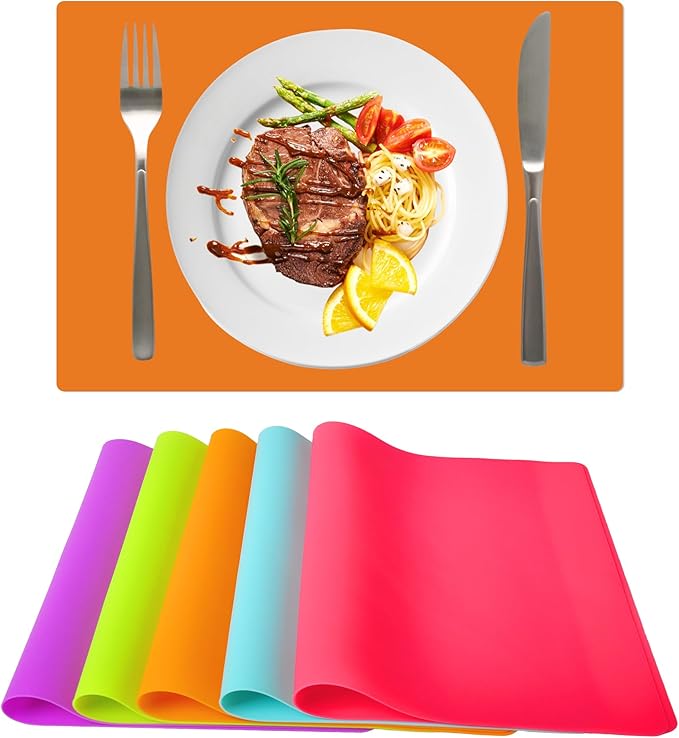 Placemats for Kids, Silicone Placemat for Dining Kitchen Table, Waterproof Dining Mat for Kids Baby Toddler, Reusable, Easy to Clean (5 Pack) Multicolor