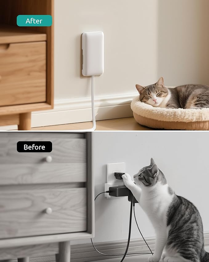 3ft Flat Extension Cord with 3 Outlets, Flat Wall Plug & Flush Outlet Cover, 900J Surge Protection, 13A/1625W, ETL Listed, White Outlet Extender Fits Behind Furniture, Dresser, Bed, TV, Couch