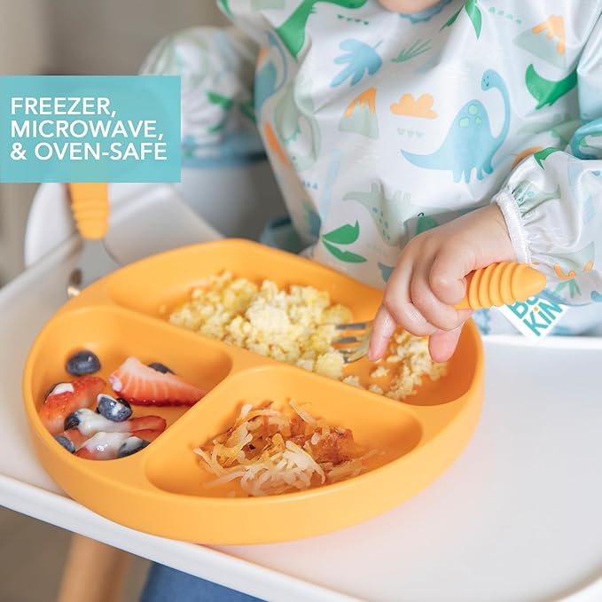 Bumkins Toddler and Baby Suction Plate, Silicone Divided Grip Dish, Babies and Kids, Baby Led Weaning, Children Feeding Supplies, Non Skid Sticky Bottom, Platinum Silicone, 6 Months Up, Tangerine