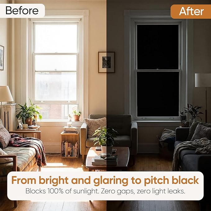 SUNBABY Blackout Window Film, 100% Light Blocking for Daytime Sleep, Total Privacy & UV Sun Blocking, Static Cling No Glue Cover for Bedroom, Nursery, Home Theater, 17.5 x 118.1 Inch with 3 Tools