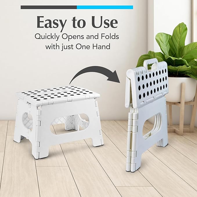 Handy Laundry Folding Lightweight Step Stool - Sturdy Enough to Support Adults and Safe Enough for Kids - Opens Easy with One Flip - Great for Kitchen, Bathroom or Bedroom (White - 9 Inch)
