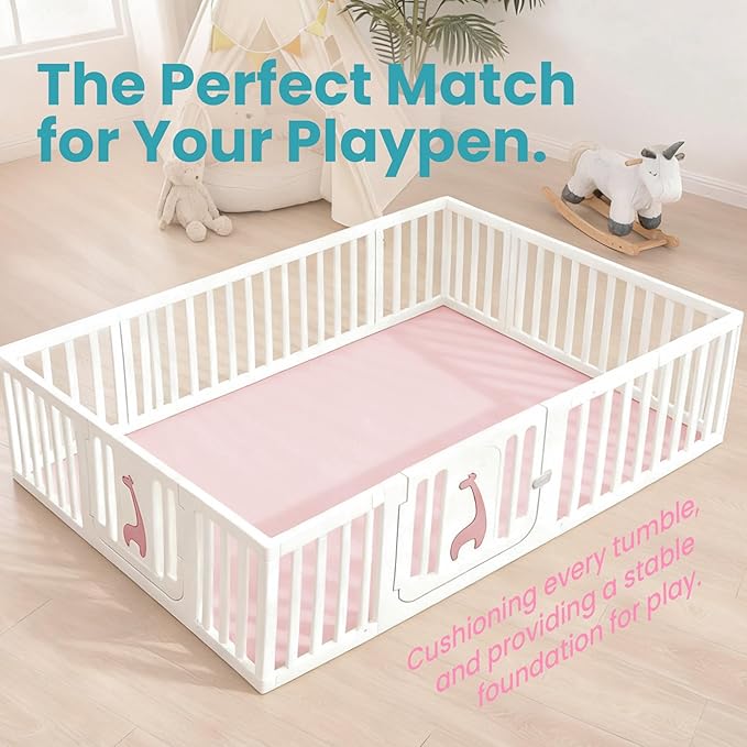 Baby Play Mat for Floor,50"×65" Playpen Mat for Toddler,Infant,Kids,1.3" Thick Elasti Foam Non-Slip Nursery Rug,Water Repellent Soft Padded Floor Mats for Tummy Time,Crawling(Pink)