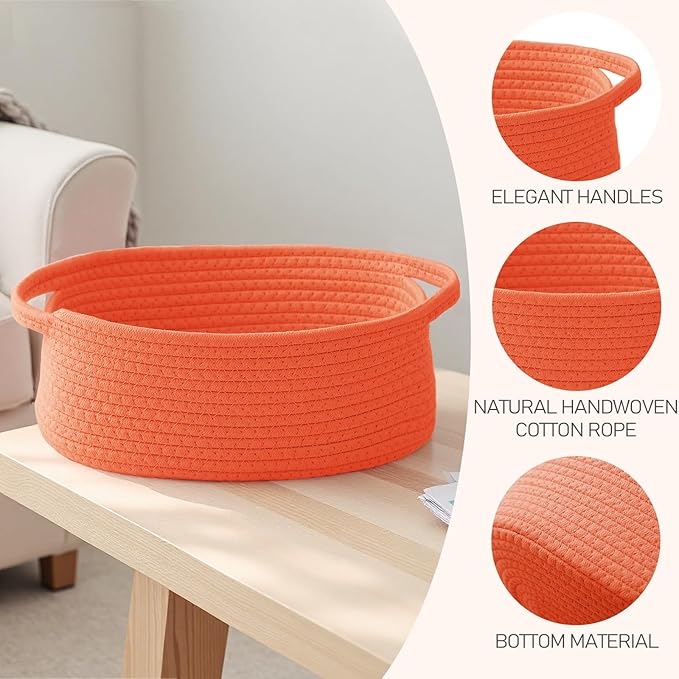 JMvicyroam Woven Basket,Small Rope Storage Bin with Handles & Ribbon Bag, Organizer for Shelves Closets,Gift Basket Empty for Birthday,Books,Dog Toys, Orange/2 Pack