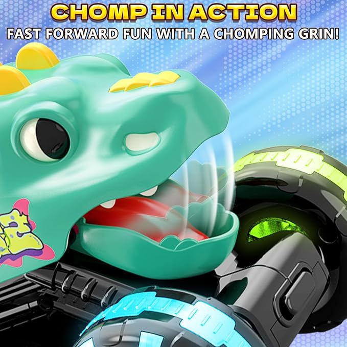 Intoypad Green Dino Monster Truck – LED Light-Up Press and Go Toy Car for Toddlers Age 2 3 4 5 – Dinosaur Truck with Flashing Wheels and Chomping Mouth for Boys and Girls