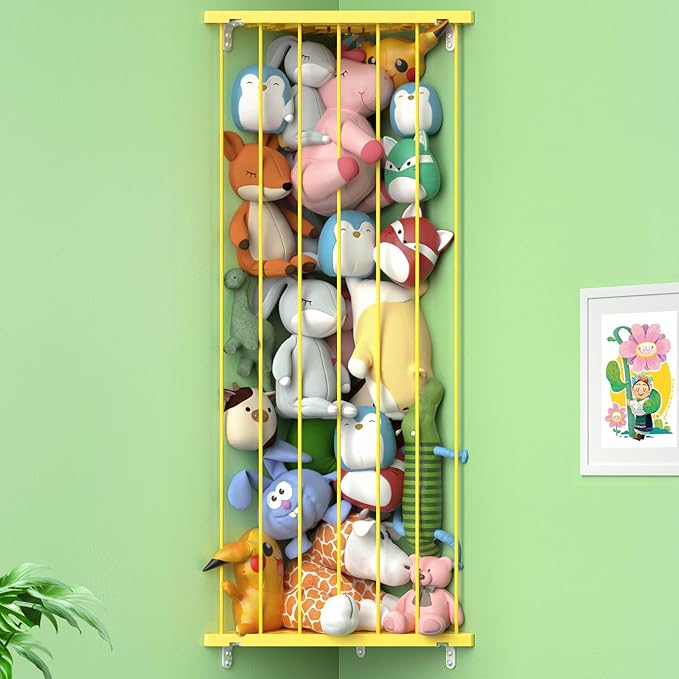 Stuffed Animal Storage Shelf Organizer - Corner Stuffed Animal Holder Length Adjustable - Wall Plush Storage Net for Playroom Bedroom (Yellow, Standard)