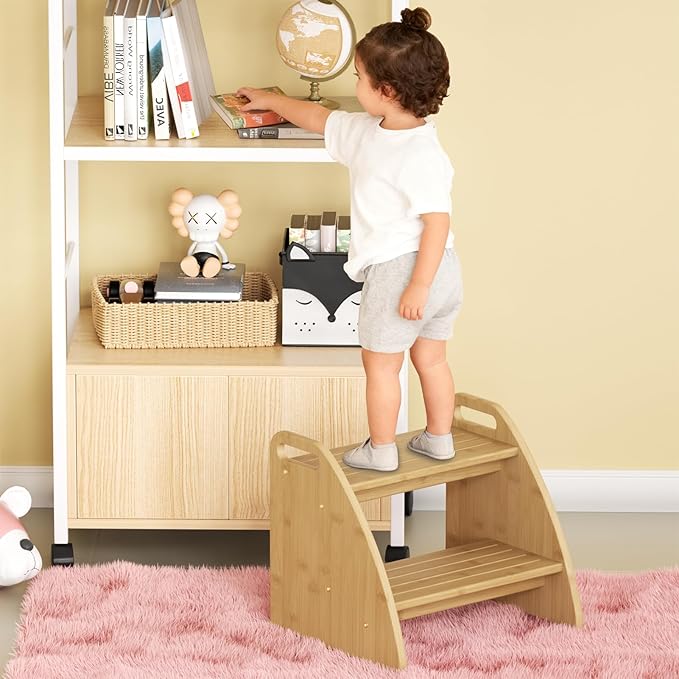 Step Stool for Toddlers, Two Stepping Stool Toddler 300lbs Capacity, with Non-Slip Handles and Pads,Bamboo Kids Step Stool for Bathroom Sink, Perfect Natural Wooden Step Stool for Kitchen