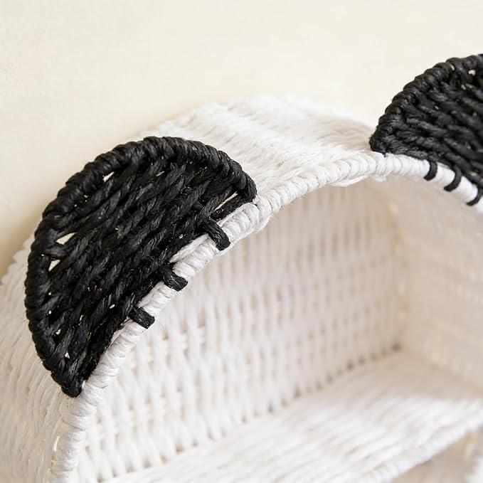 White & Black Bear Wall Shelf, Handwoven Paper Rope Wall-Mounted Floating Display Shelf, Boho Nursery & Kids Room Organizer for Small Books, Toys & Decor