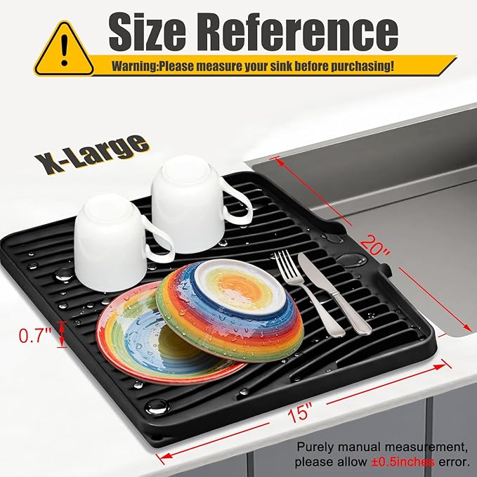 Silicone Dish Drying Mat, Stone Drying Mat for Kitchen Counter with Built-In Drain, Non-Slip Drain Pad with Built-in Drain, Heat Resistant Stone Drying Mat, 1Pcs Black(20" x 15")